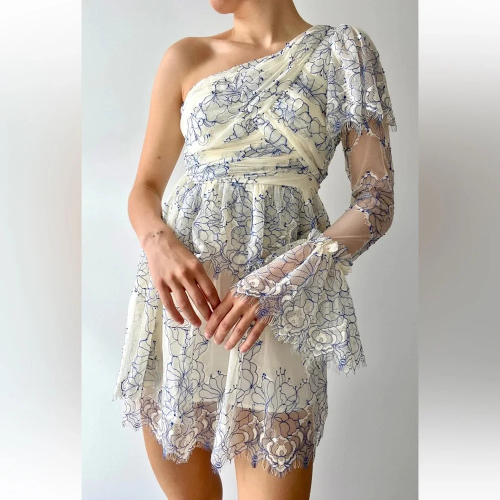 ALICE MCCALL || Isn’t She Lovely Blue and Cream Lace One Shoulder Mini Dress 2 - Picture 2 of 13